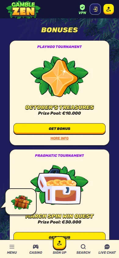 Gamblezen Casino mobile browser promotions view
